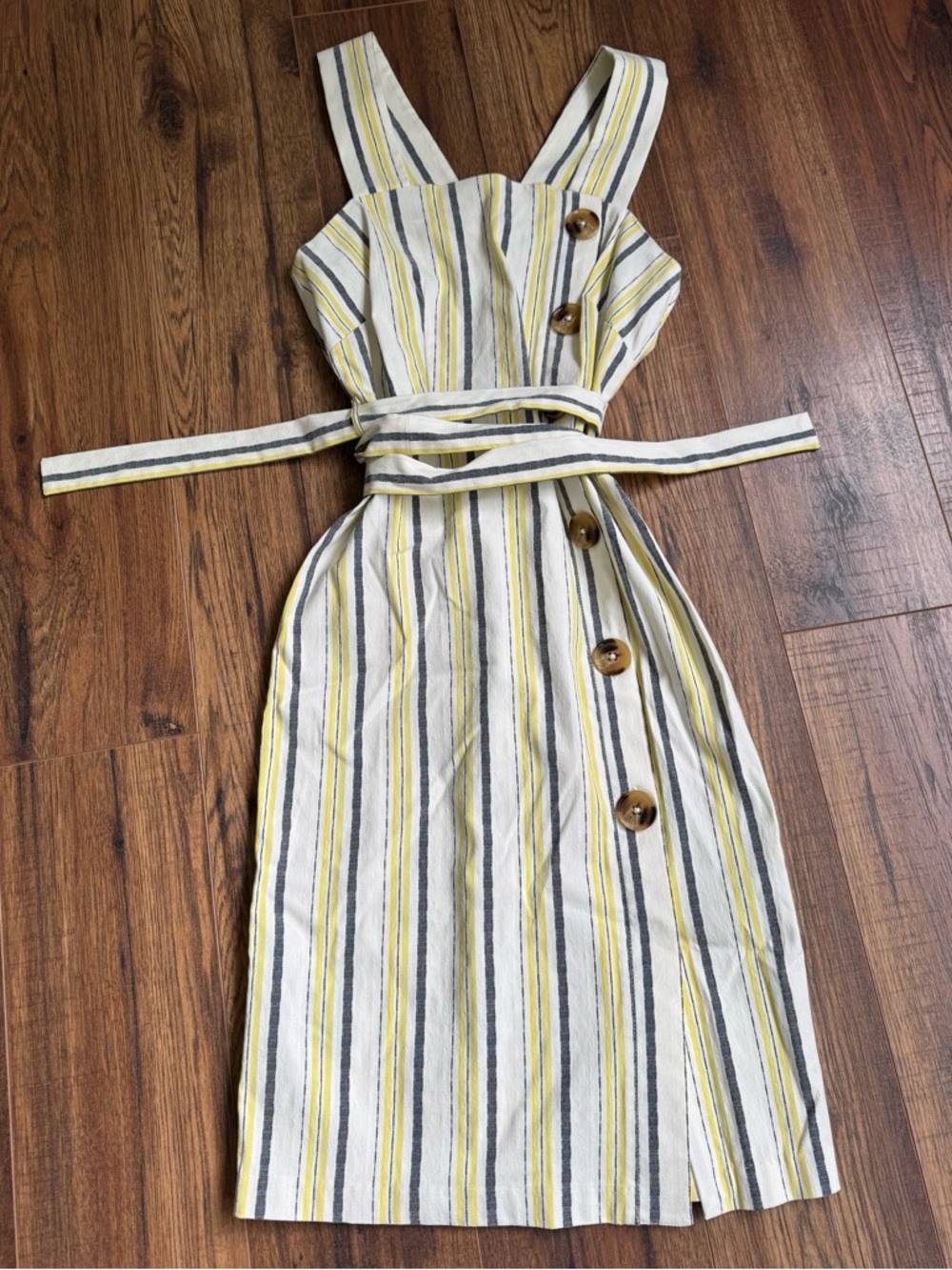 Tommy Hilfiger Yellow, White & Gray Striped Midi Sundress with Waist Tie